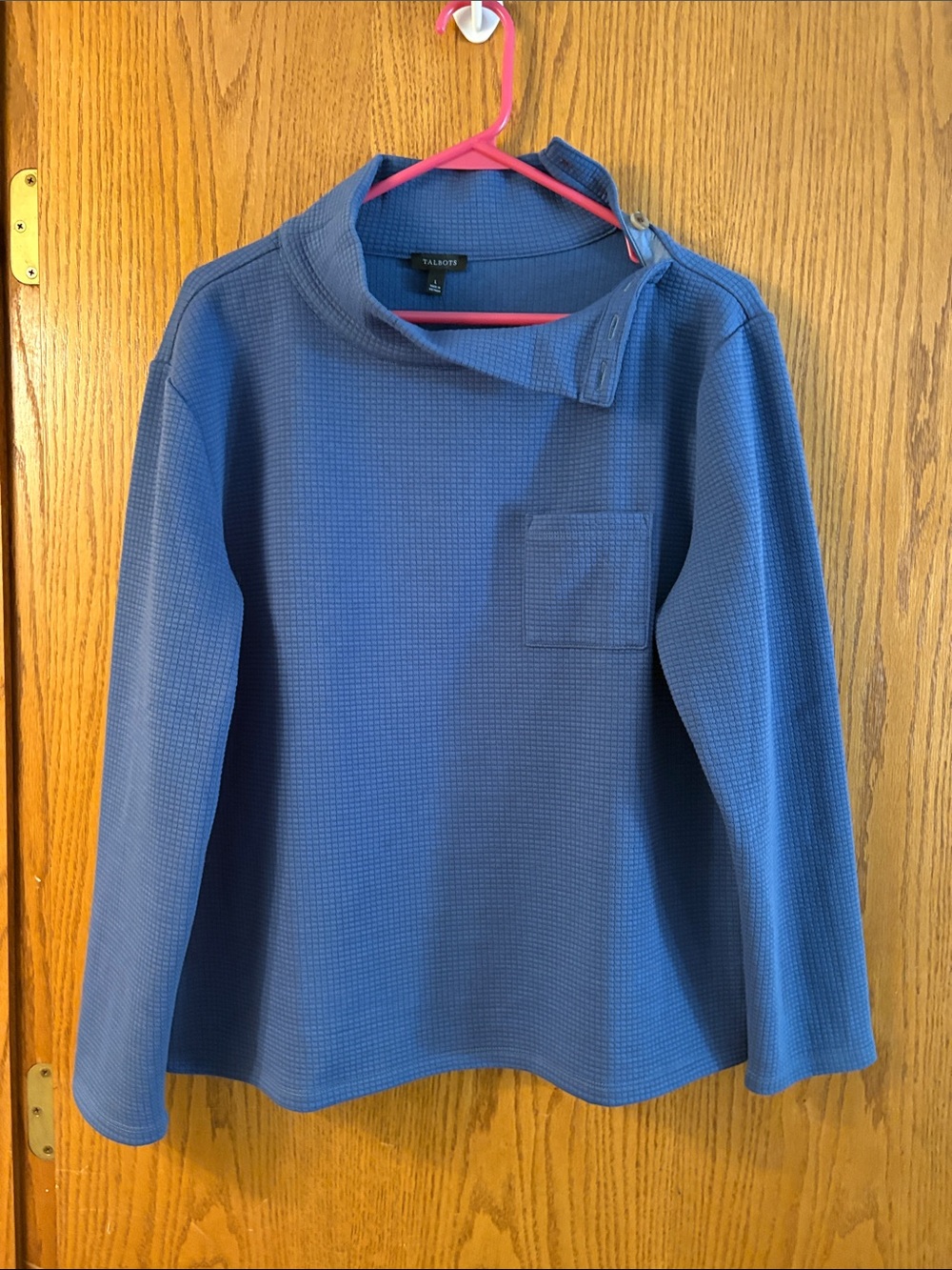 Talbots Dusty Blue Waffle-Knit Mock Neck Top with Buttons